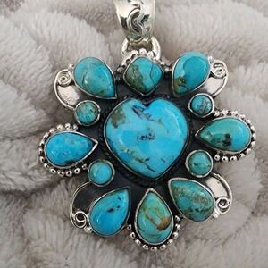 Sterling Silver Turquoise Heart Floral Pendant For Necklace Native American